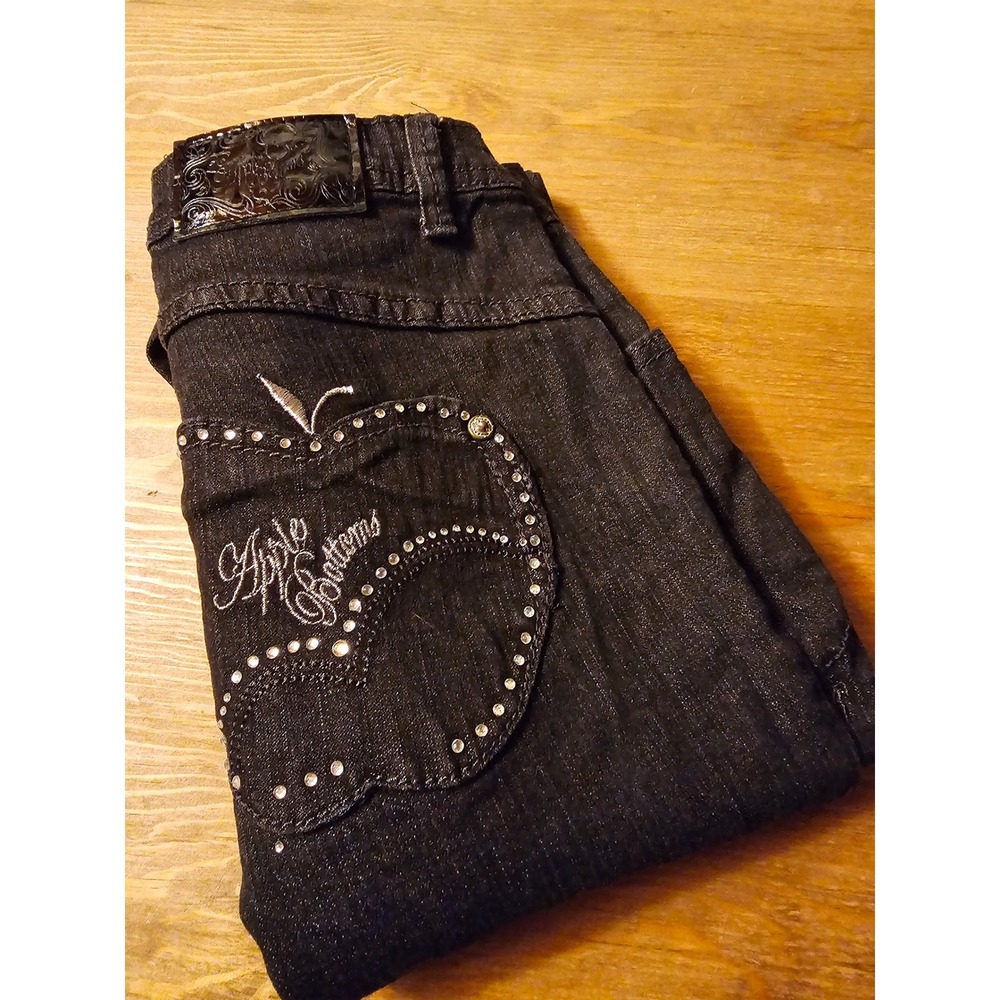 Apple Bottoms Black Denim Rhinestone Apple Pocket Jean Size 16 Y2K Streetwear212